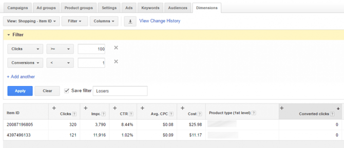 Google AdWords Dimension Tab Loser Filter Results