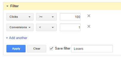 Google Adwords Dimension Tab Loser Filter