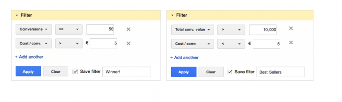Google AdWords Dimensions Filters for Winners