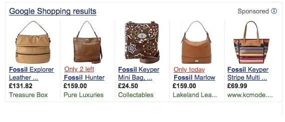 Google Product Listing Ad Fossil Bag 'Only 2 Left'