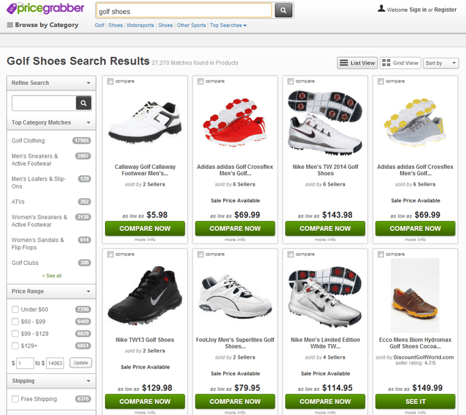 PriceGrabber Comparison Shopping Engine Shoes