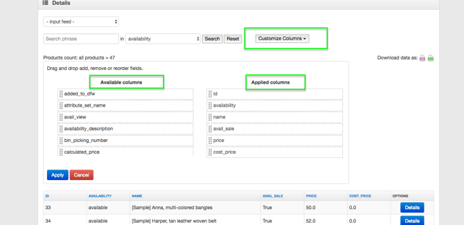 View Products in Source Feed and Customize Columns