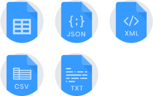 JSON, XML, CSV, TXT and Custom