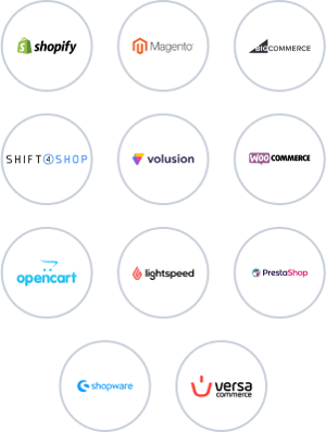 Shopify, Magento, BigCommerce, Shift4Shop, Volusion, WooCommerce, OpenCart, Lightspeed, PrestaShop, Shopware, Versacommerce