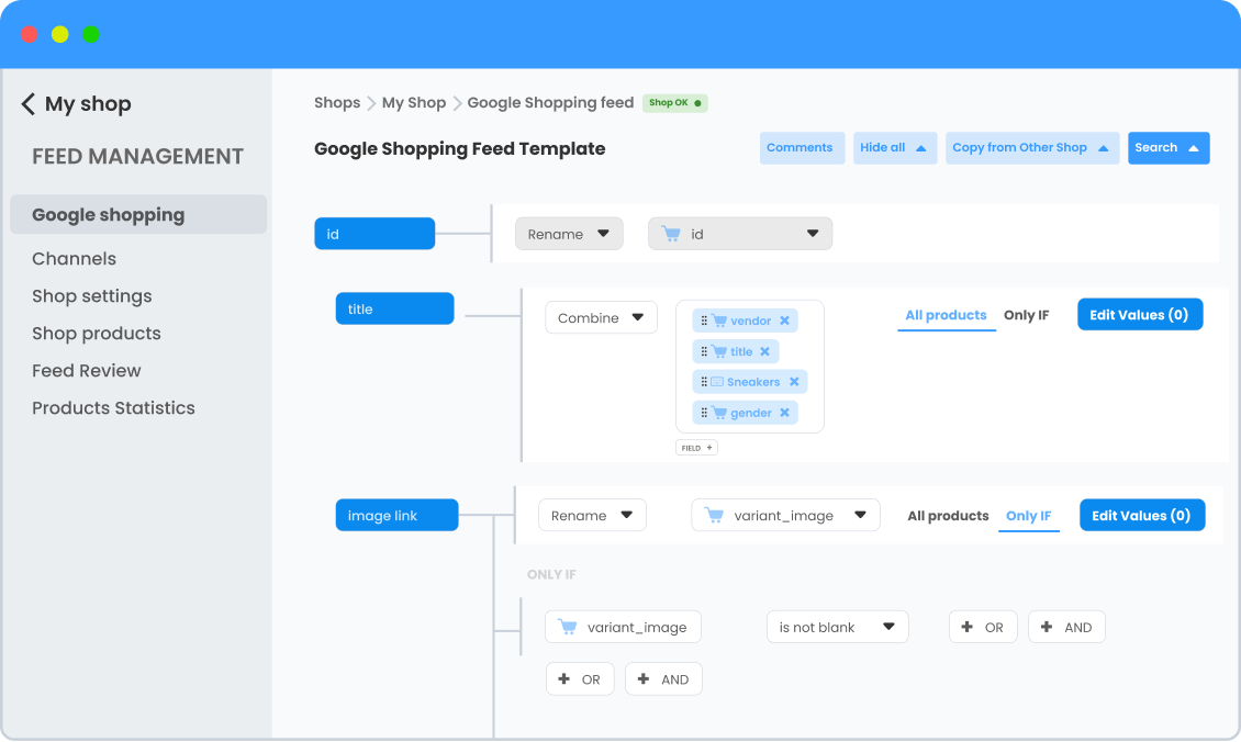 Advanced product feed rules