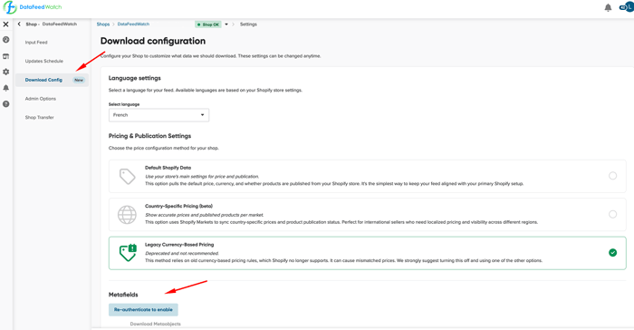 DataFeedWatch Download Config screen showing the Shopify Metafield Translations and Metaobject Support settings.