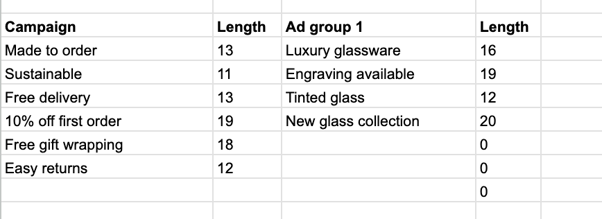 google ads callout assets length